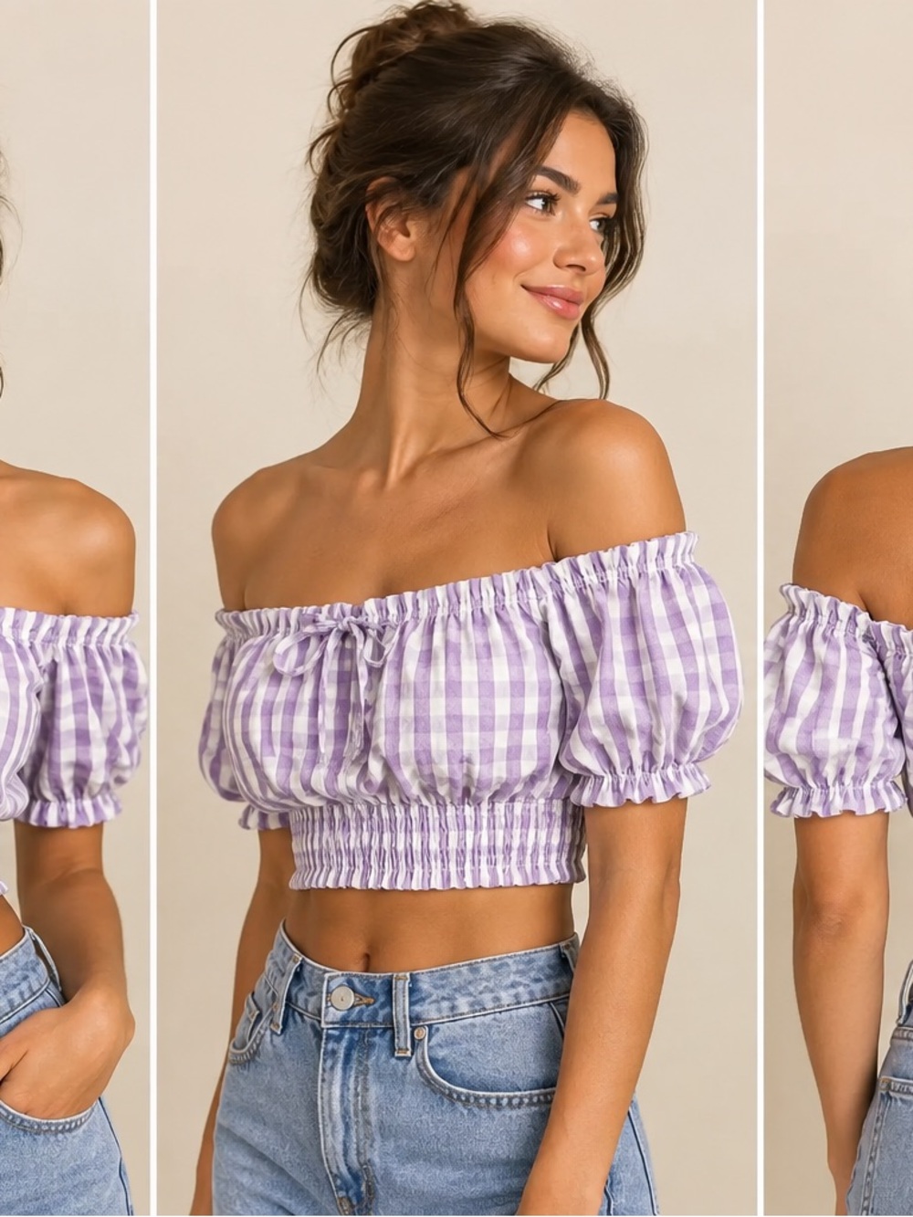 Gingham Off-Shoulder Shirt Women size Medium Purple Crop Top Short Sleeve Tee